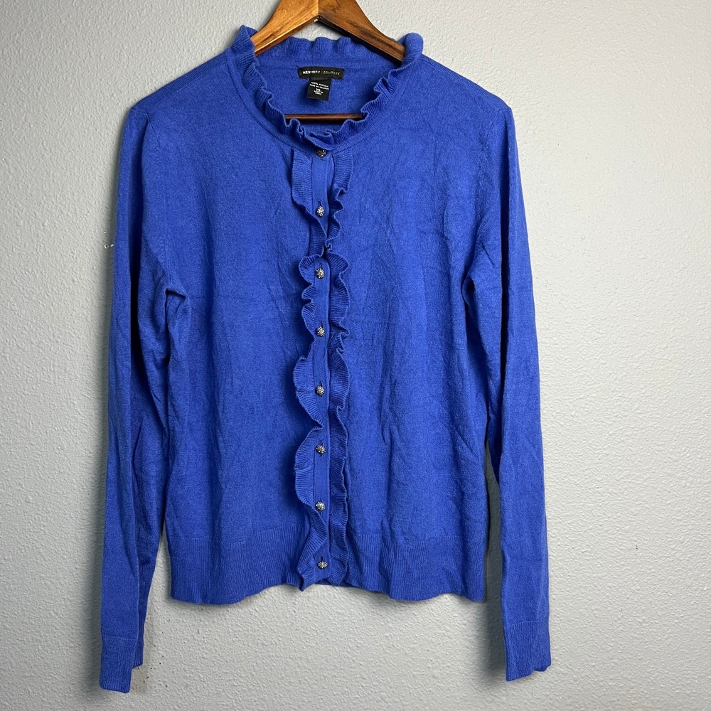 New York & Company XL Blue Ruffle Front‎ Victorian Cardigan Sweater Button Up